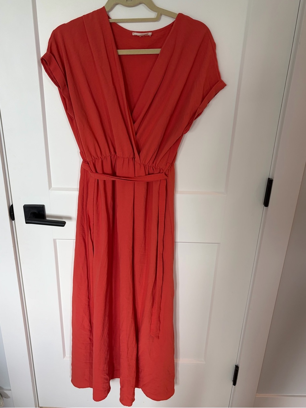 Classic Coral Faux-Wrap Maxi Dress